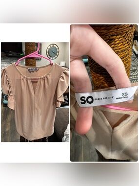 SO Light Beige Flutter Sleeve Keyhole Blouse